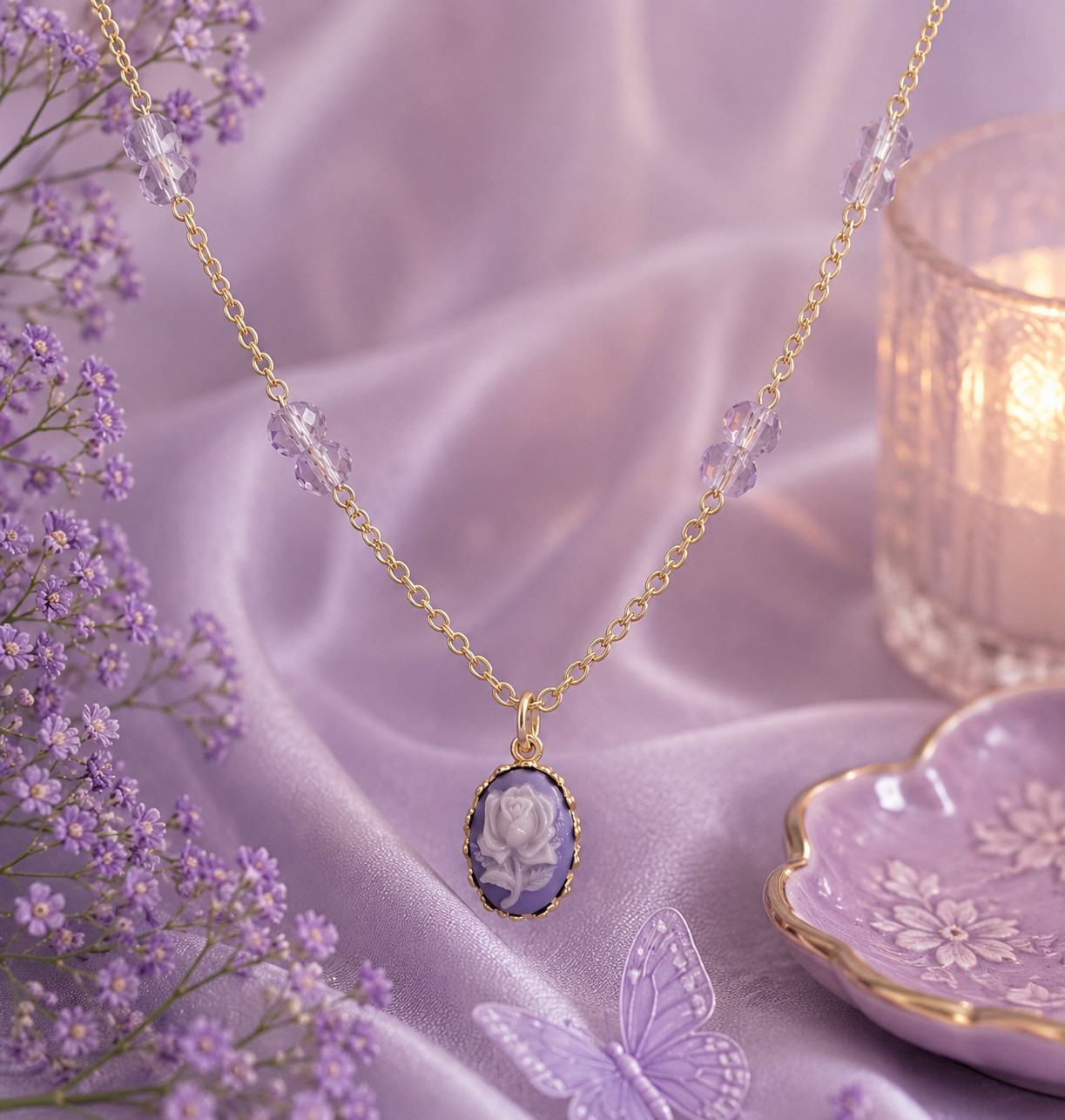 Lavender Rose Cameo Necklace