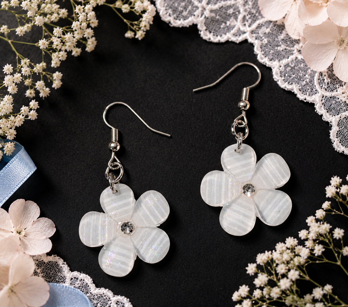 White Petals & Sparkle Earrings